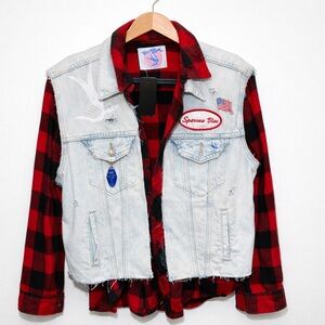 OoAK Distressed Denim Plaid shirt Jacket, I Broke Those Chains, Statement